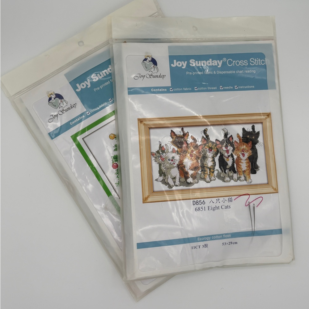 Two Joy Sunday Cross Stitch Kits #6851 Eight Cats/#12357 Christmas Gift
